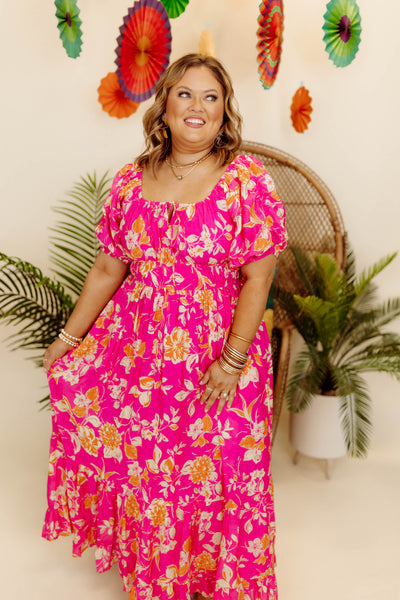 Hot Pink Multi Square Neck Bubble Sleeve Maxi Dress