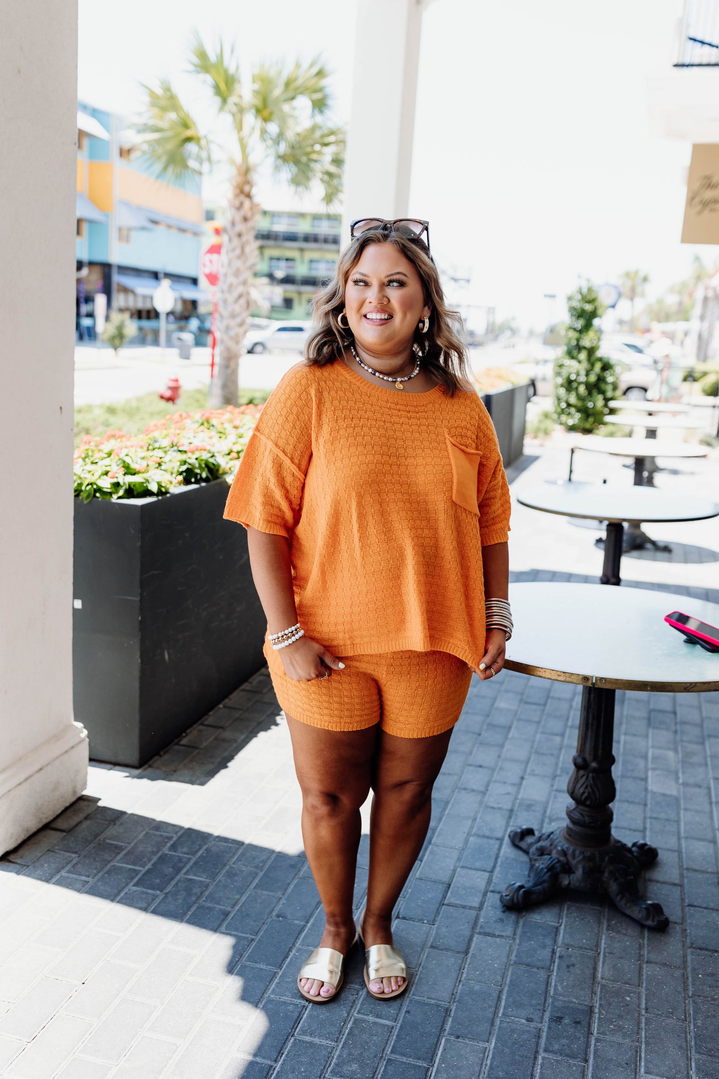 Hot Orange Textured Knit Pocket Detail Top and Short Set