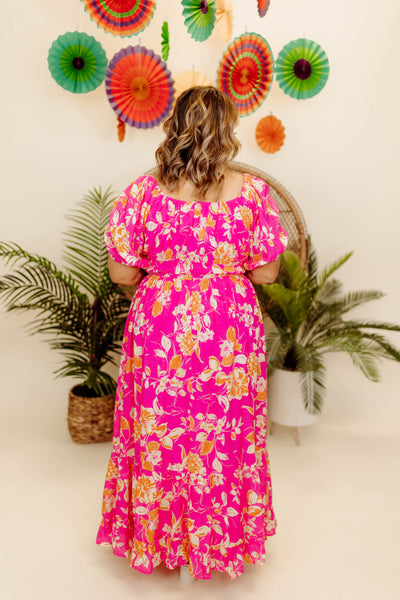 Hot Pink Multi Square Neck Bubble Sleeve Maxi Dress