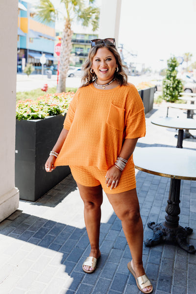 Hot Orange Textured Knit Pocket Detail Top and Short Set