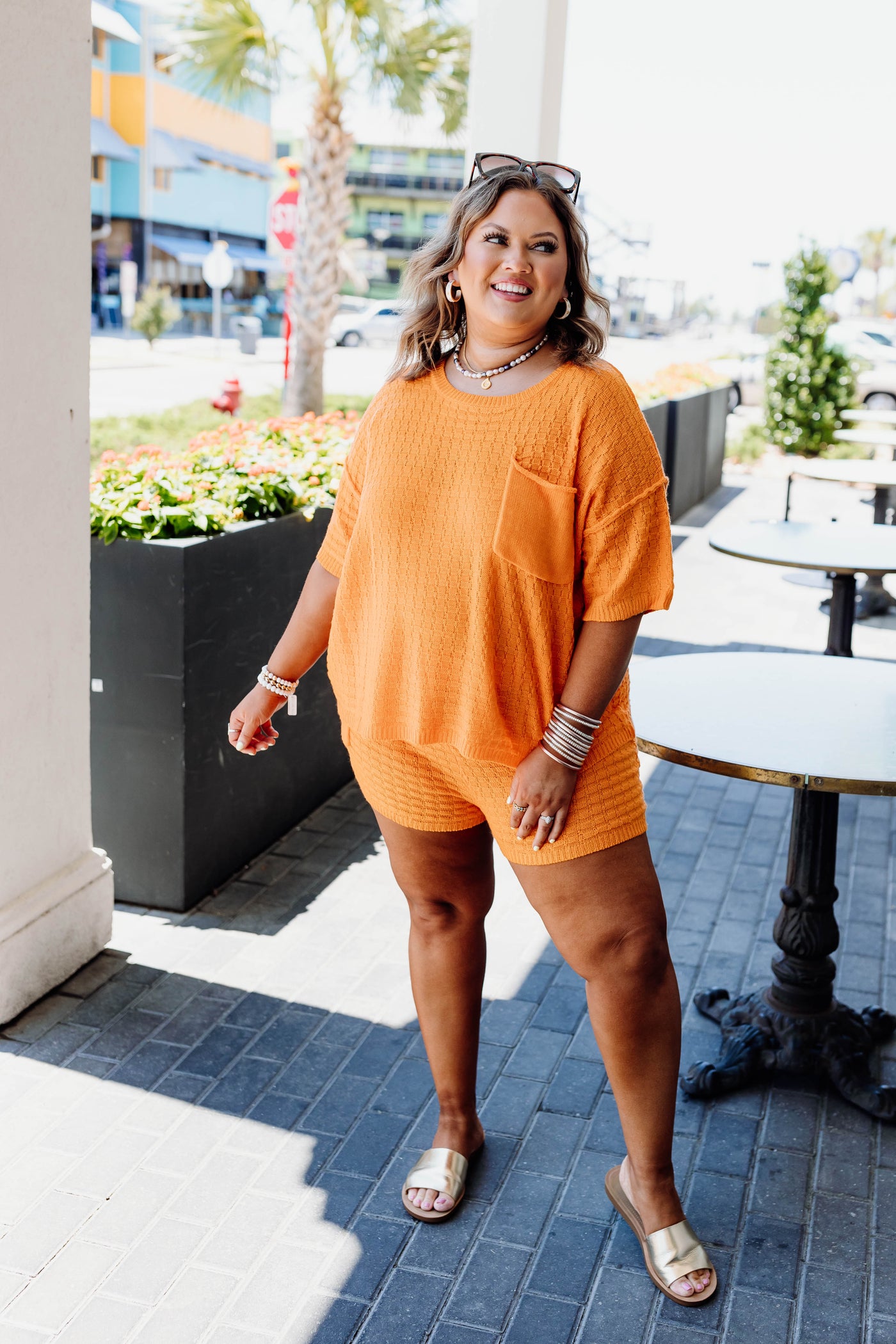 Hot Orange Textured Knit Pocket Detail Top and Short Set