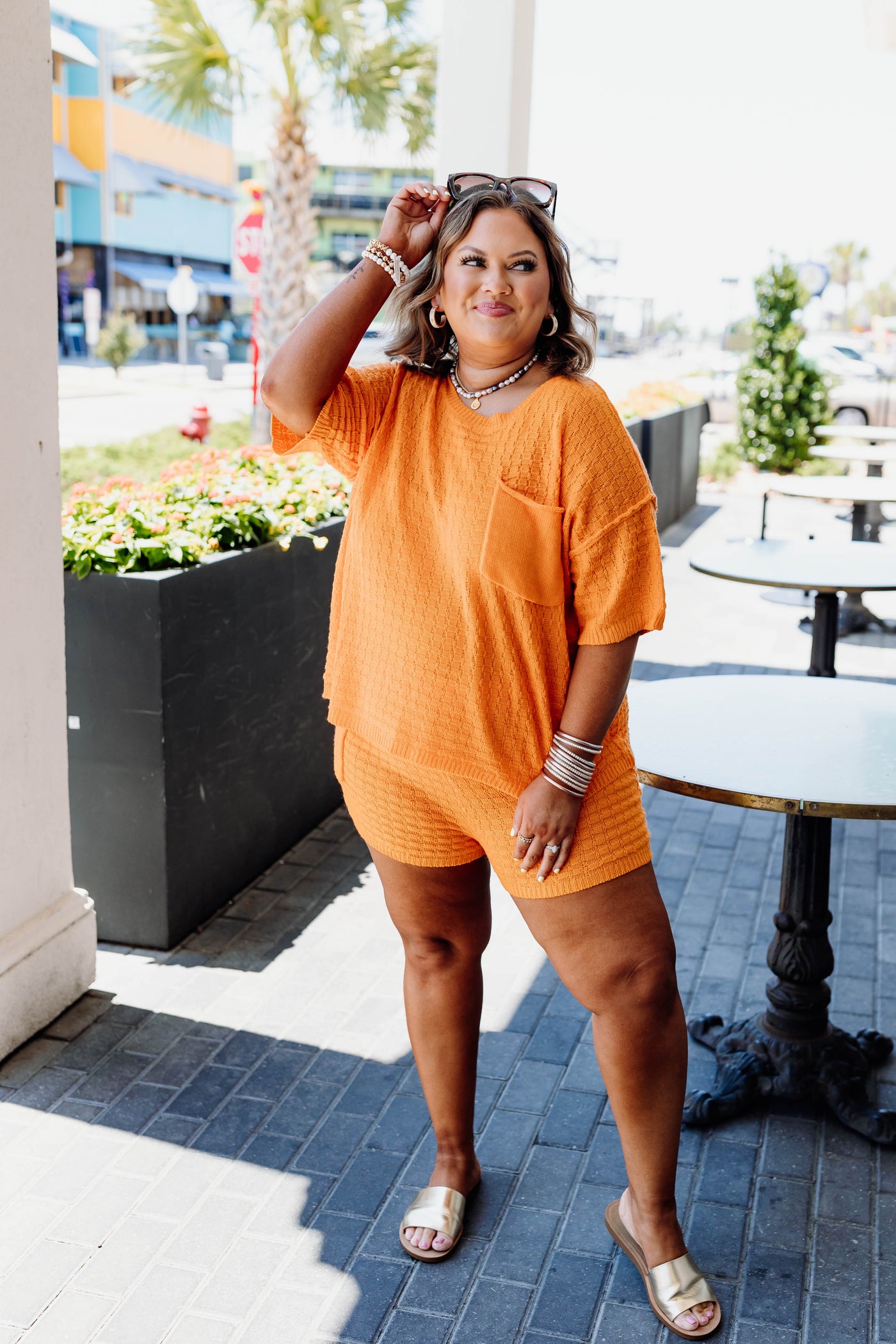 Hot Orange Textured Knit Pocket Detail Top and Short Set