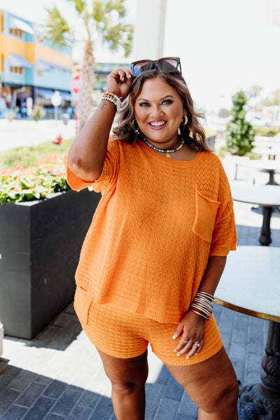 Hot Orange Textured Knit Pocket Detail Top and Short Set