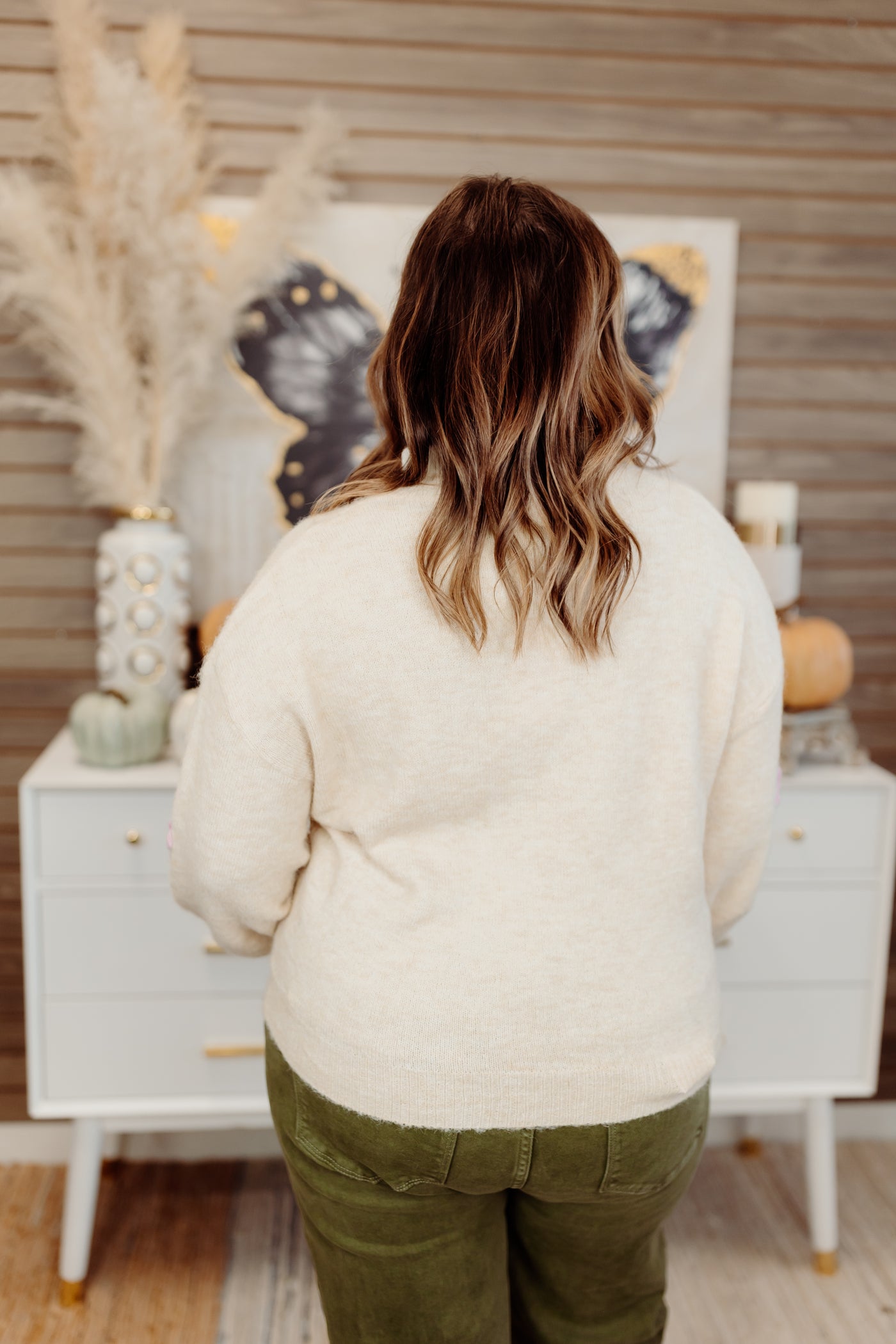 Oatmeal Ruffle Trim Floral Sweater