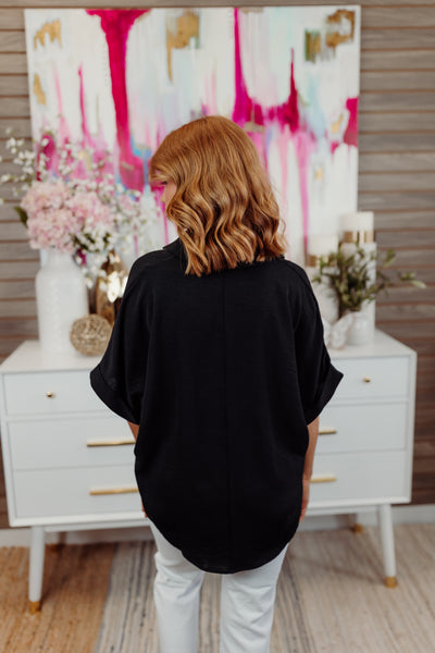 Black Collared Short Sleeve Oversized Blouse