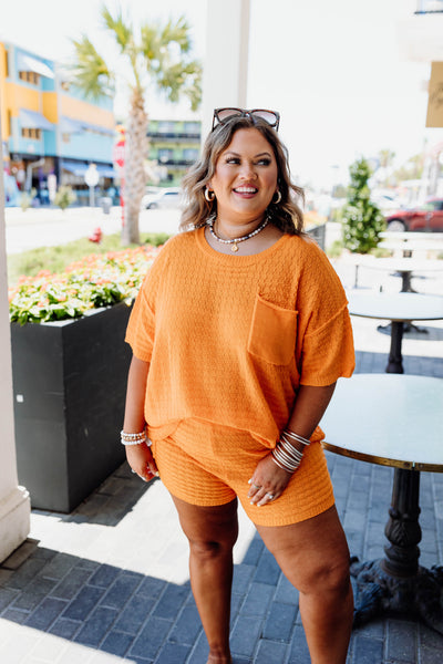 Hot Orange Textured Knit Pocket Detail Top and Short Set