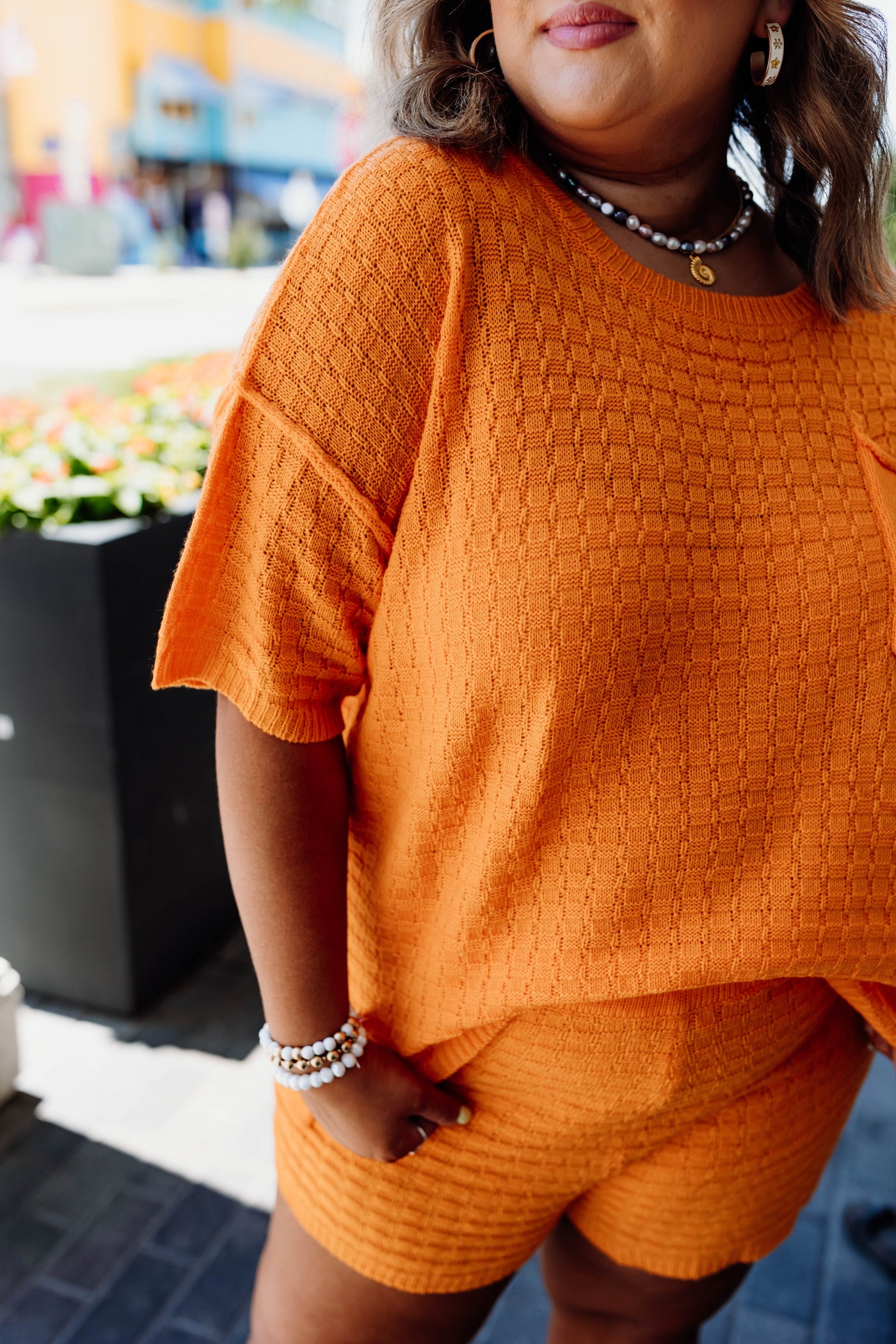 Hot Orange Textured Knit Pocket Detail Top and Short Set