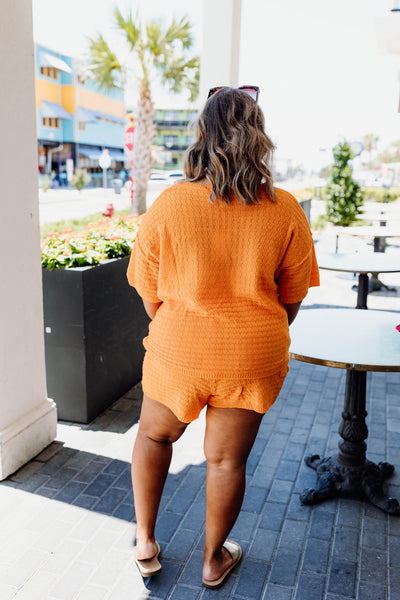 Hot Orange Textured Knit Pocket Detail Top and Short Set