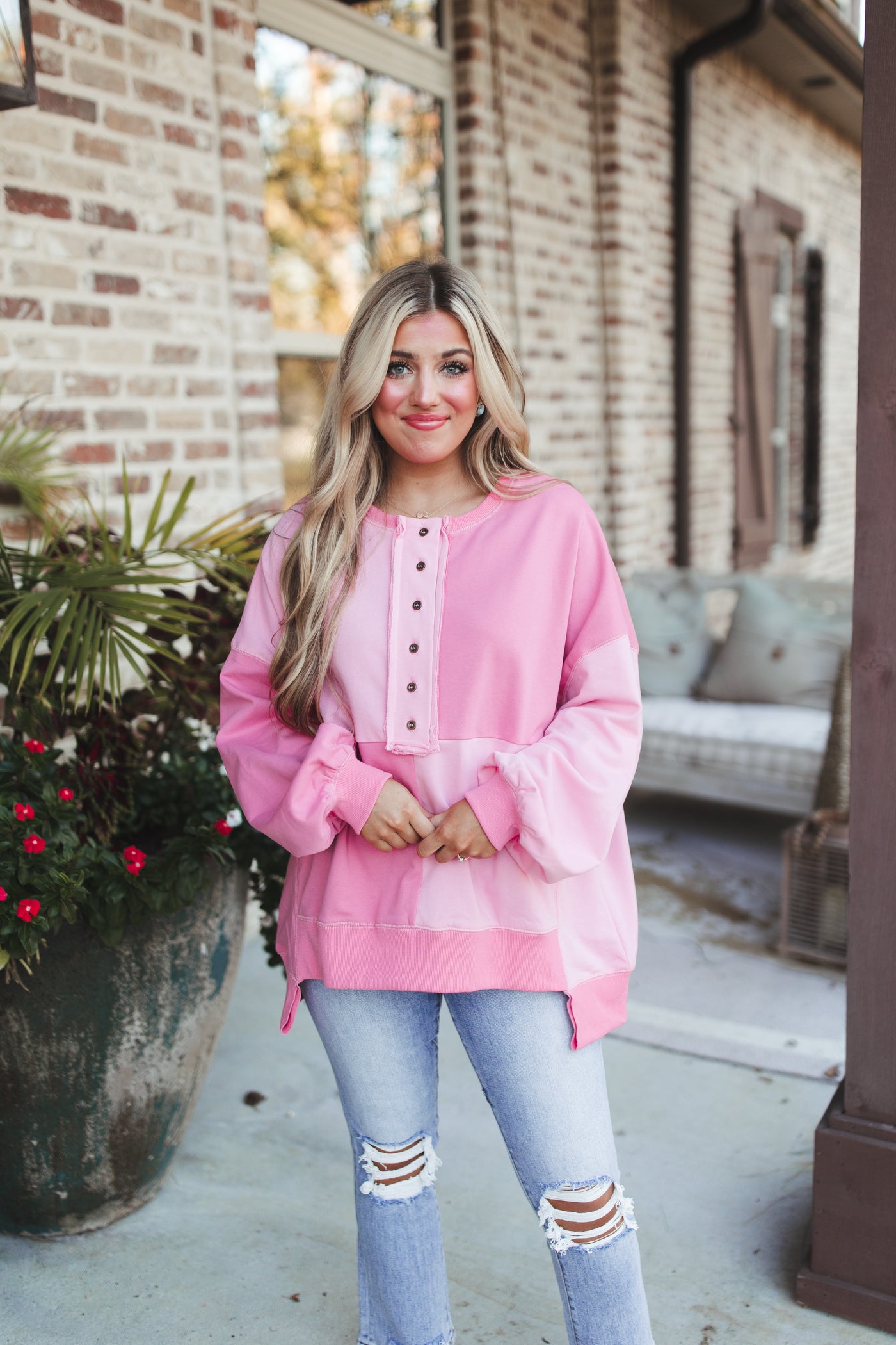 Pink Multi Colorblock Henley Sweatshirt