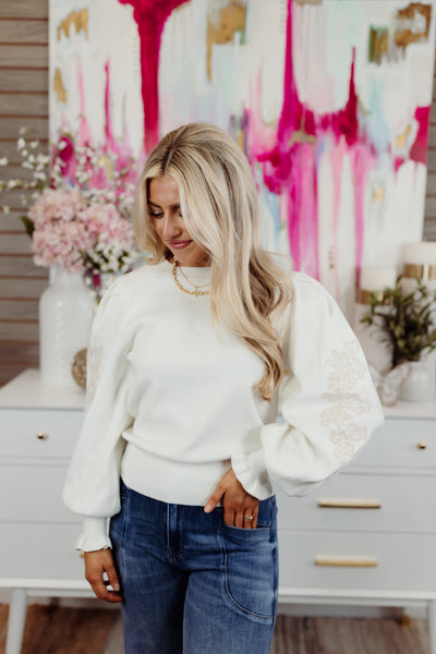 Cream Embroidered Frill Cuff Sleeve Sweater