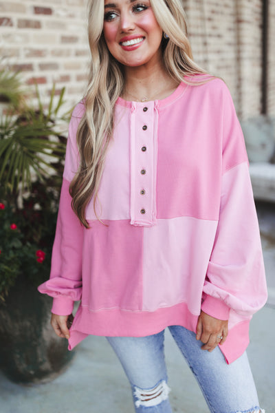 Pink Multi Colorblock Henley Sweatshirt