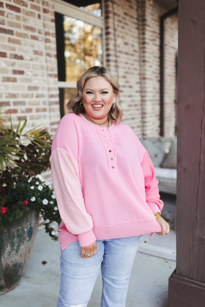 Pink Multi Colorblock Teddy Knit Slouchy Henley Pullover