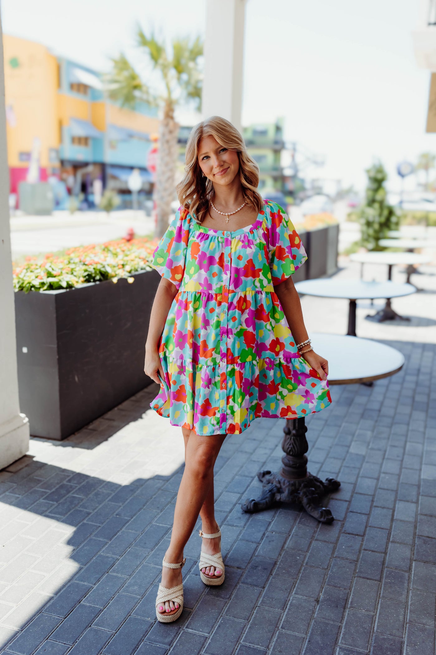 Multi Floral Button Down Puff Sleeve Dress