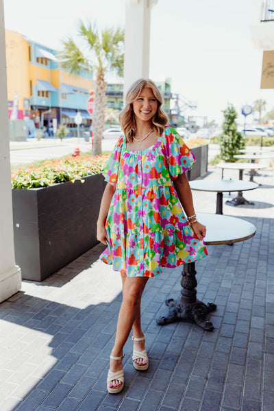 Multi Floral Button Down Puff Sleeve Dress