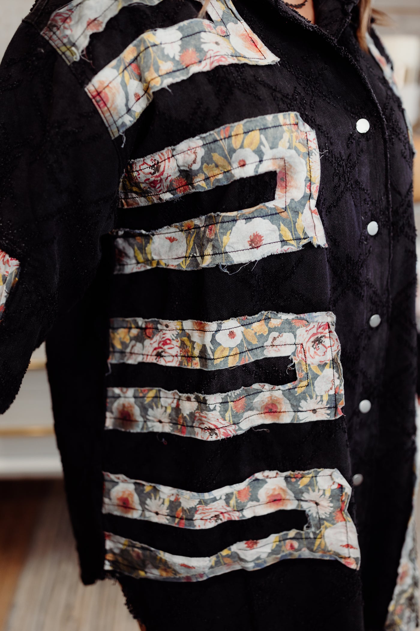 Black Floral Patch Detail Denim Jacket