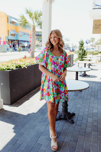 Multi Floral Button Down Puff Sleeve Dress