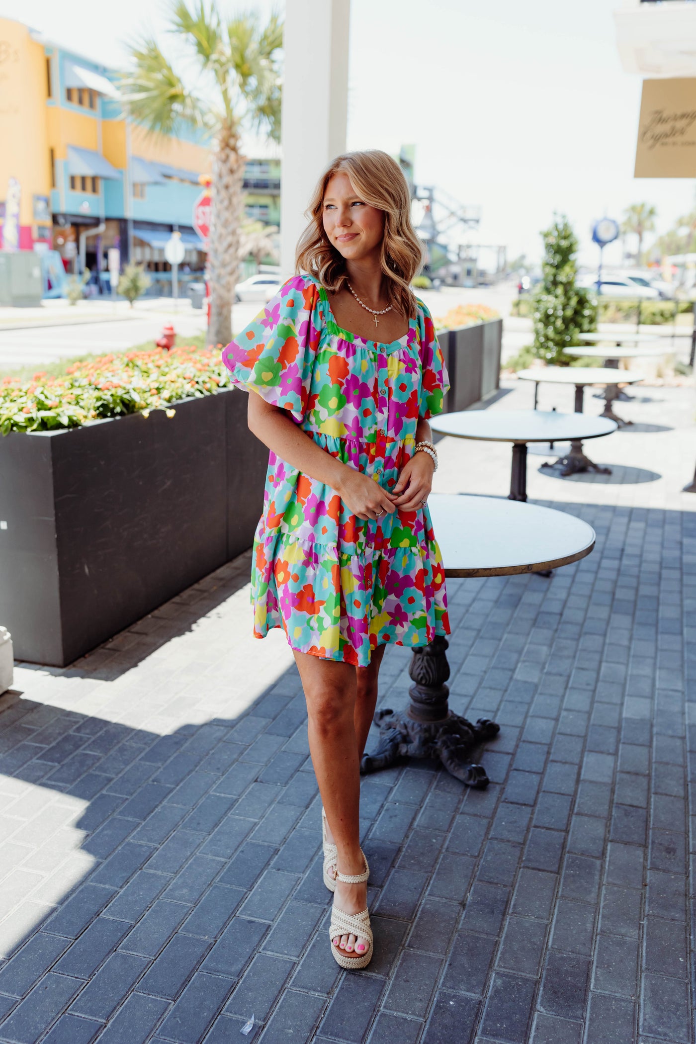 Multi Floral Button Down Puff Sleeve Dress