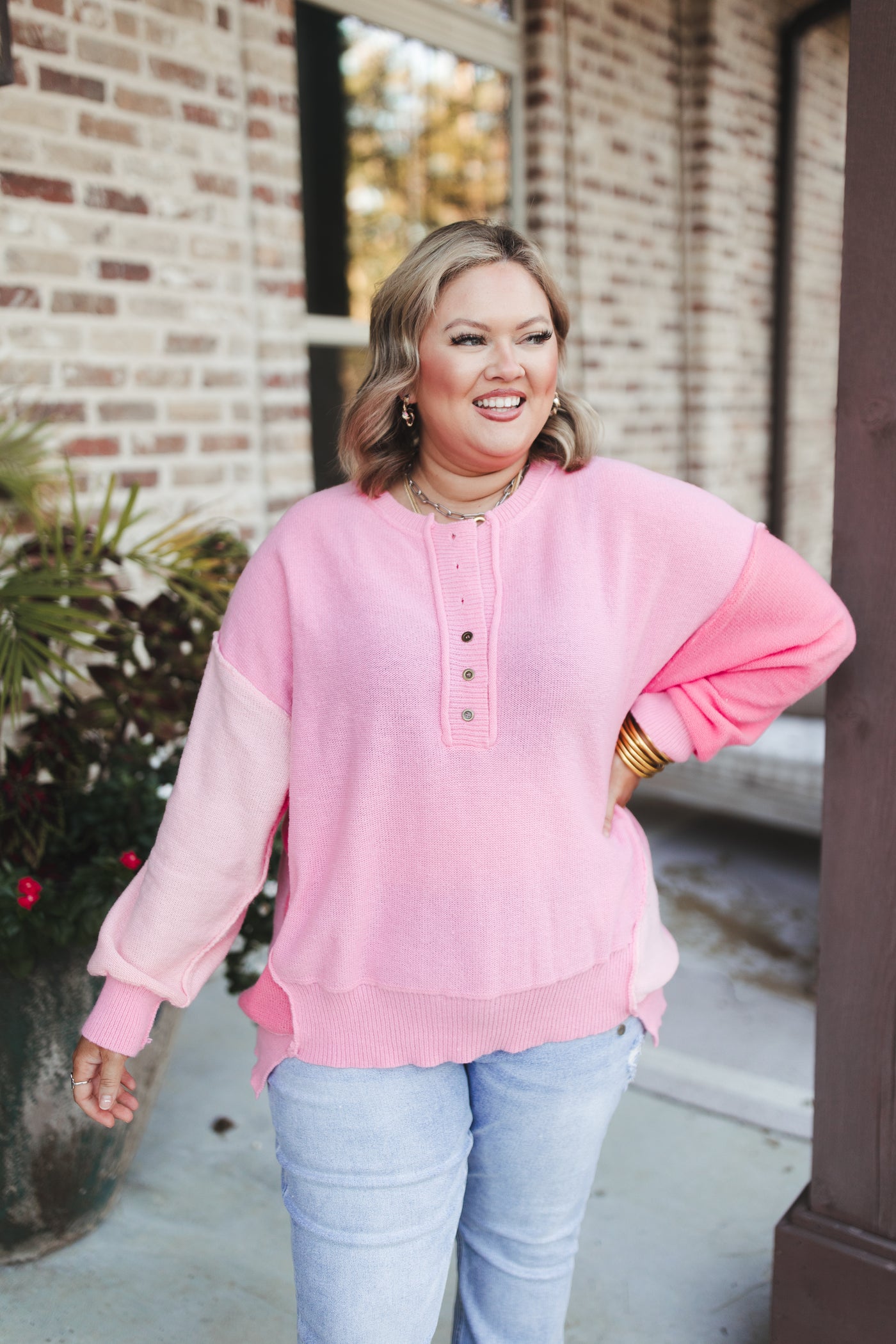 Pink Multi Colorblock Teddy Knit Slouchy Henley Pullover