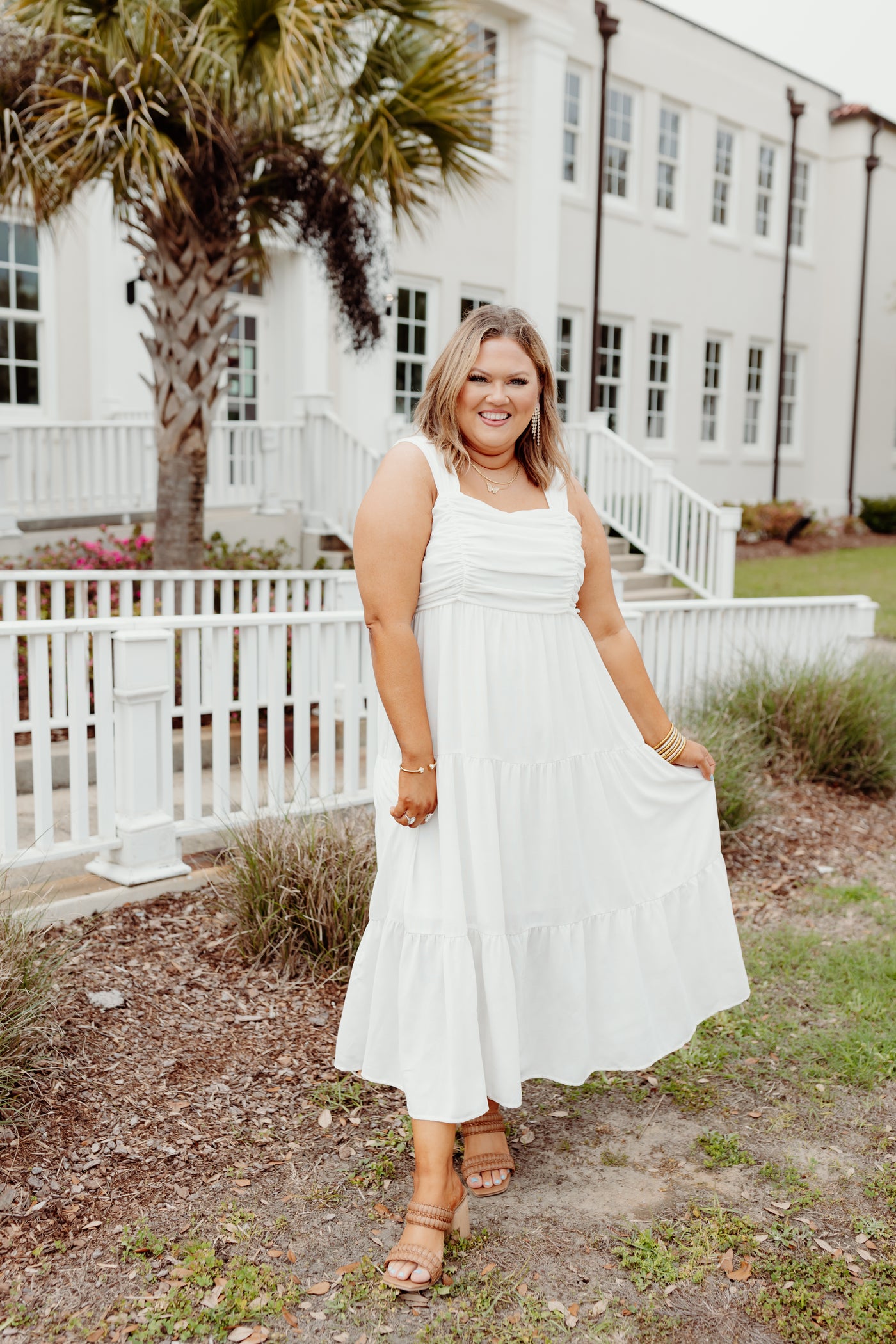 White Ruched Detail Tiered Dress