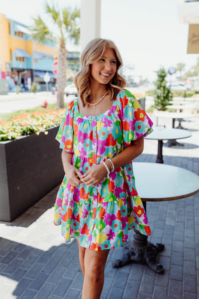 Multi Floral Button Down Puff Sleeve Dress