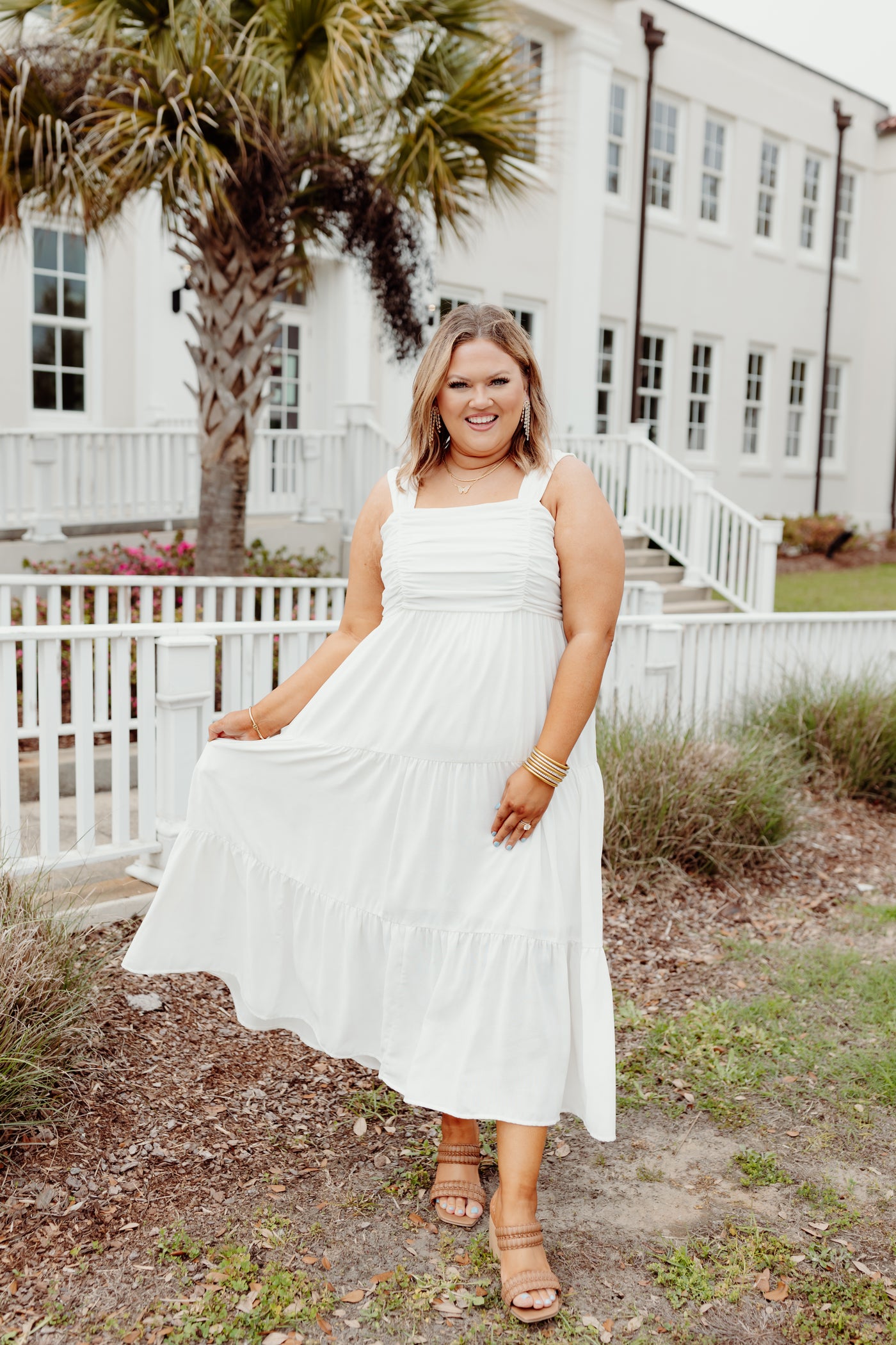White Ruched Detail Tiered Dress