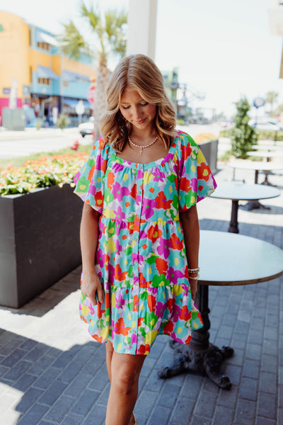 Multi Floral Button Down Puff Sleeve Dress