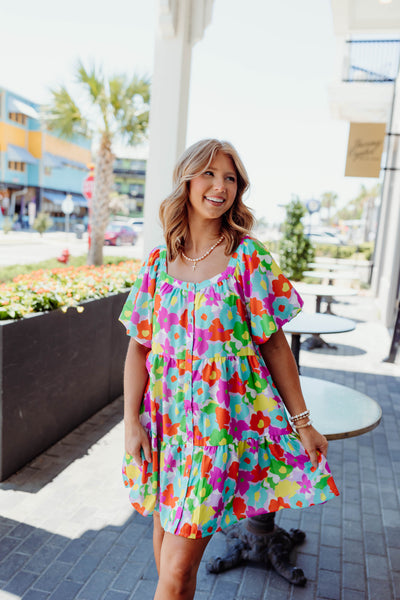 Multi Floral Button Down Puff Sleeve Dress