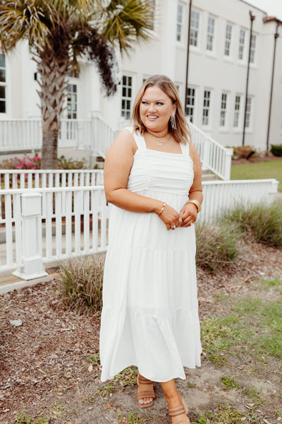 White Ruched Detail Tiered Dress