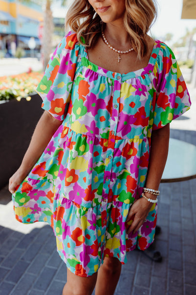 Multi Floral Button Down Puff Sleeve Dress