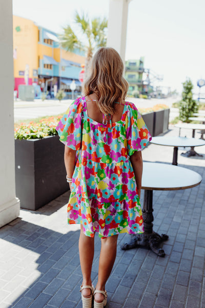 Multi Floral Button Down Puff Sleeve Dress