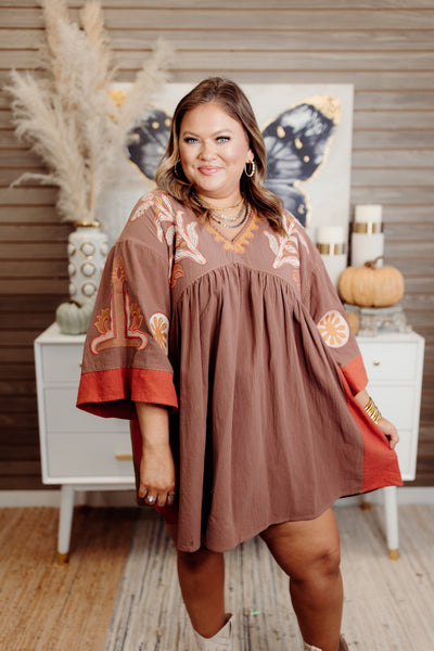 Mocha Embroidered Linen Dress