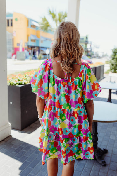 Multi Floral Button Down Puff Sleeve Dress