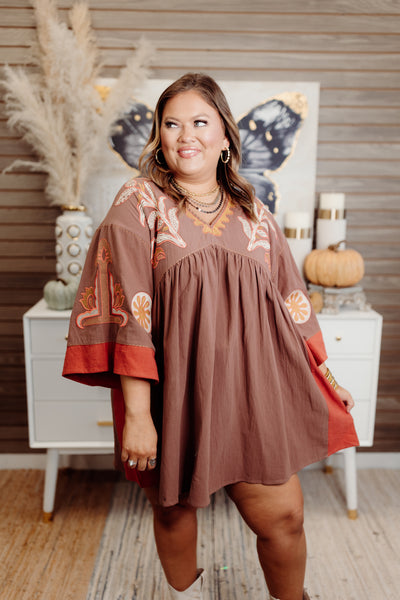 Mocha Embroidered Linen Dress