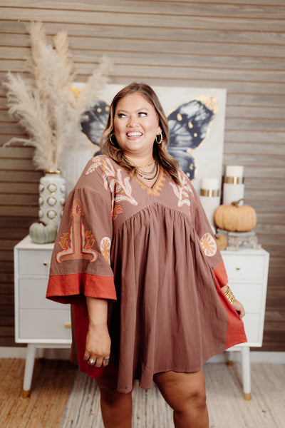 Mocha Embroidered Linen Dress