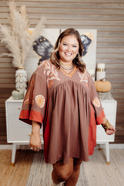 Mocha Embroidered Linen Dress