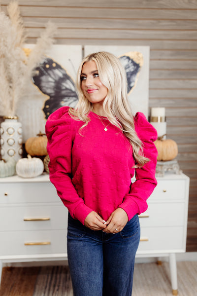 Ruby Bow Jacquard Puff Sleeve Knit Blouse