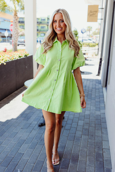 Apple Green Puff Sleeve Button Down Dress