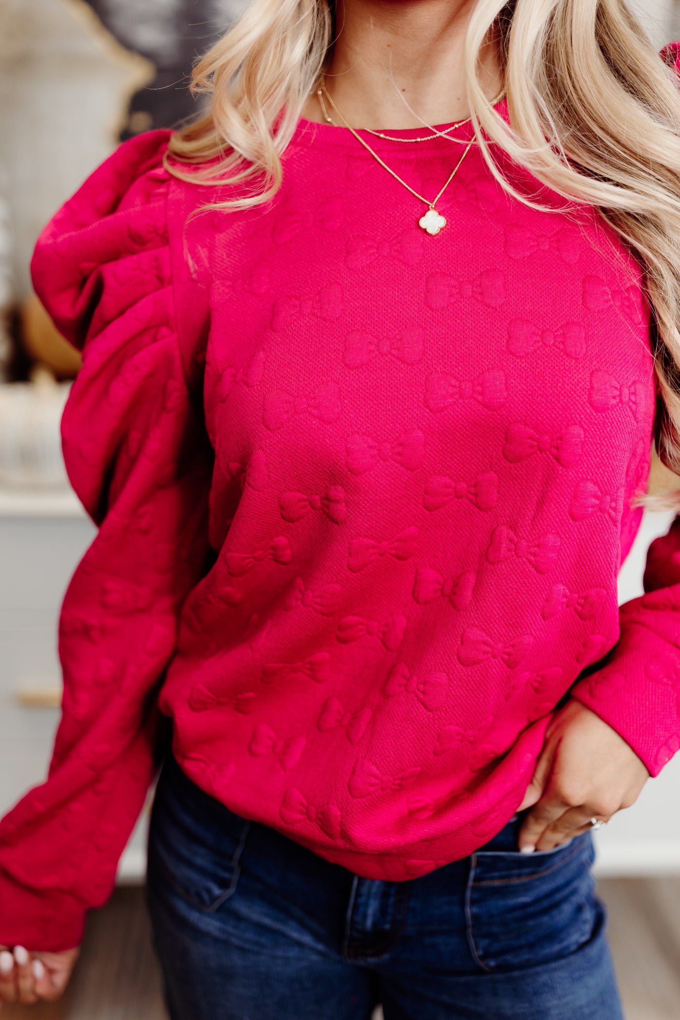 Ruby Bow Jacquard Puff Sleeve Knit Blouse