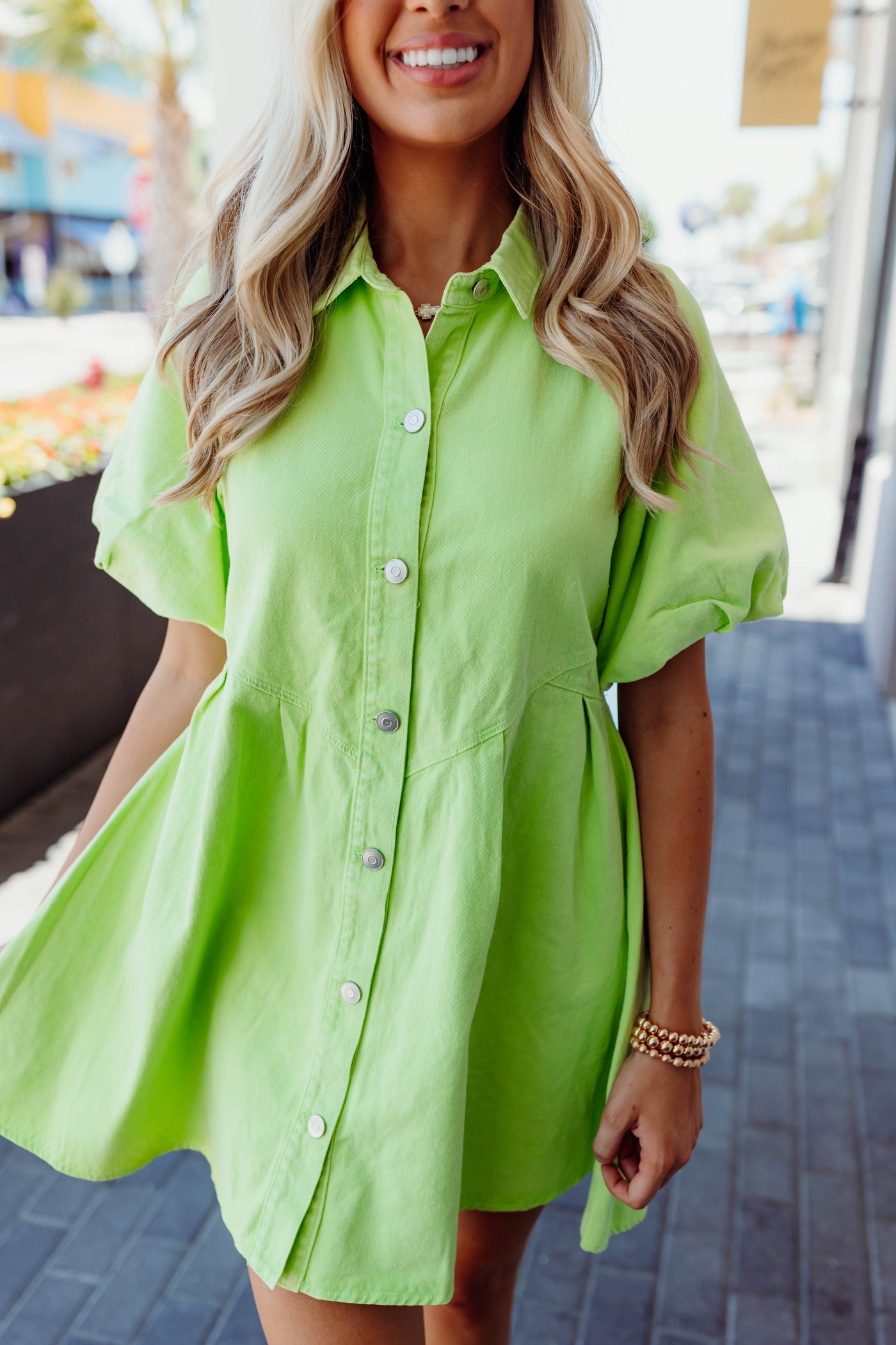 Apple Green Puff Sleeve Button Down Dress