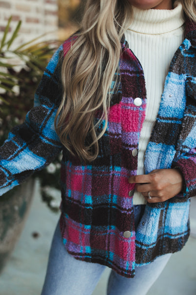 Pink and Blue Mix Plaid Sherpa Shacket