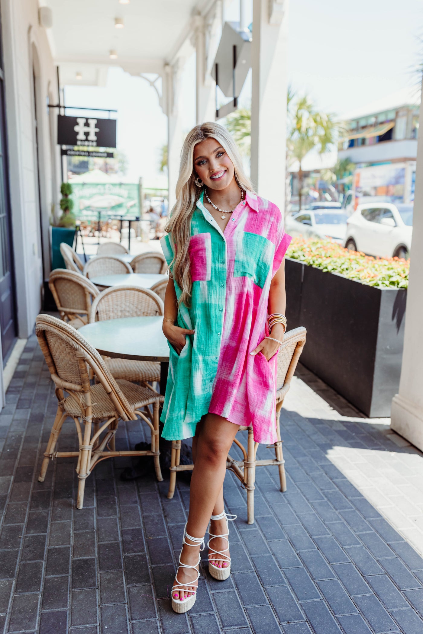 Pink/Teal Multi Button Down Dress