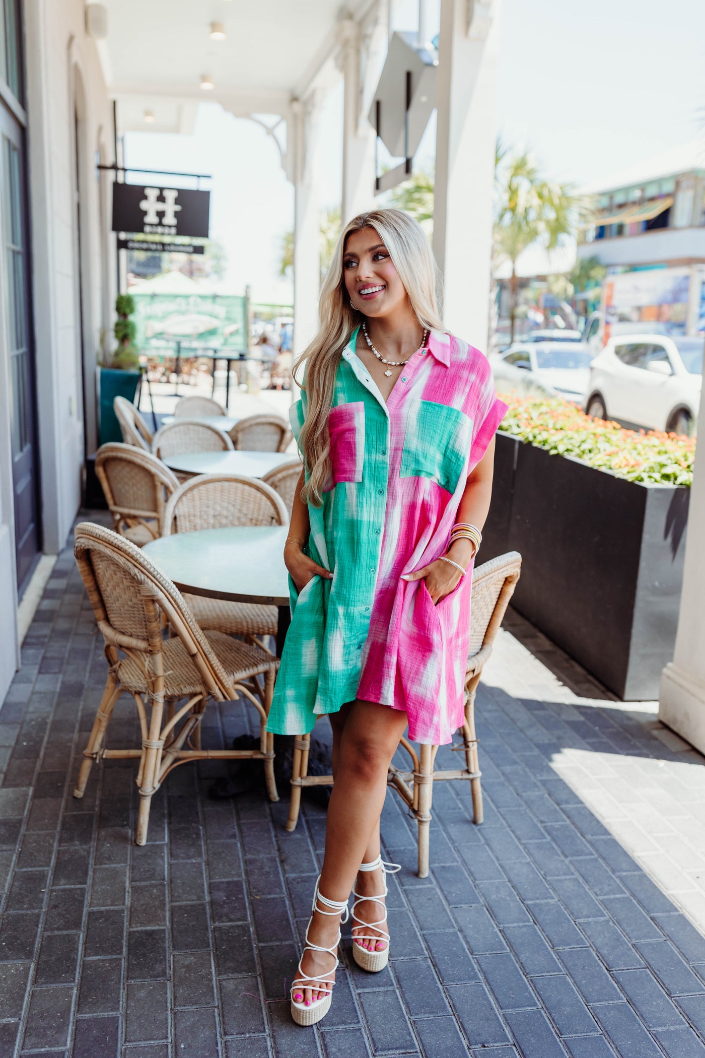 Pink/Teal Multi Button Down Dress