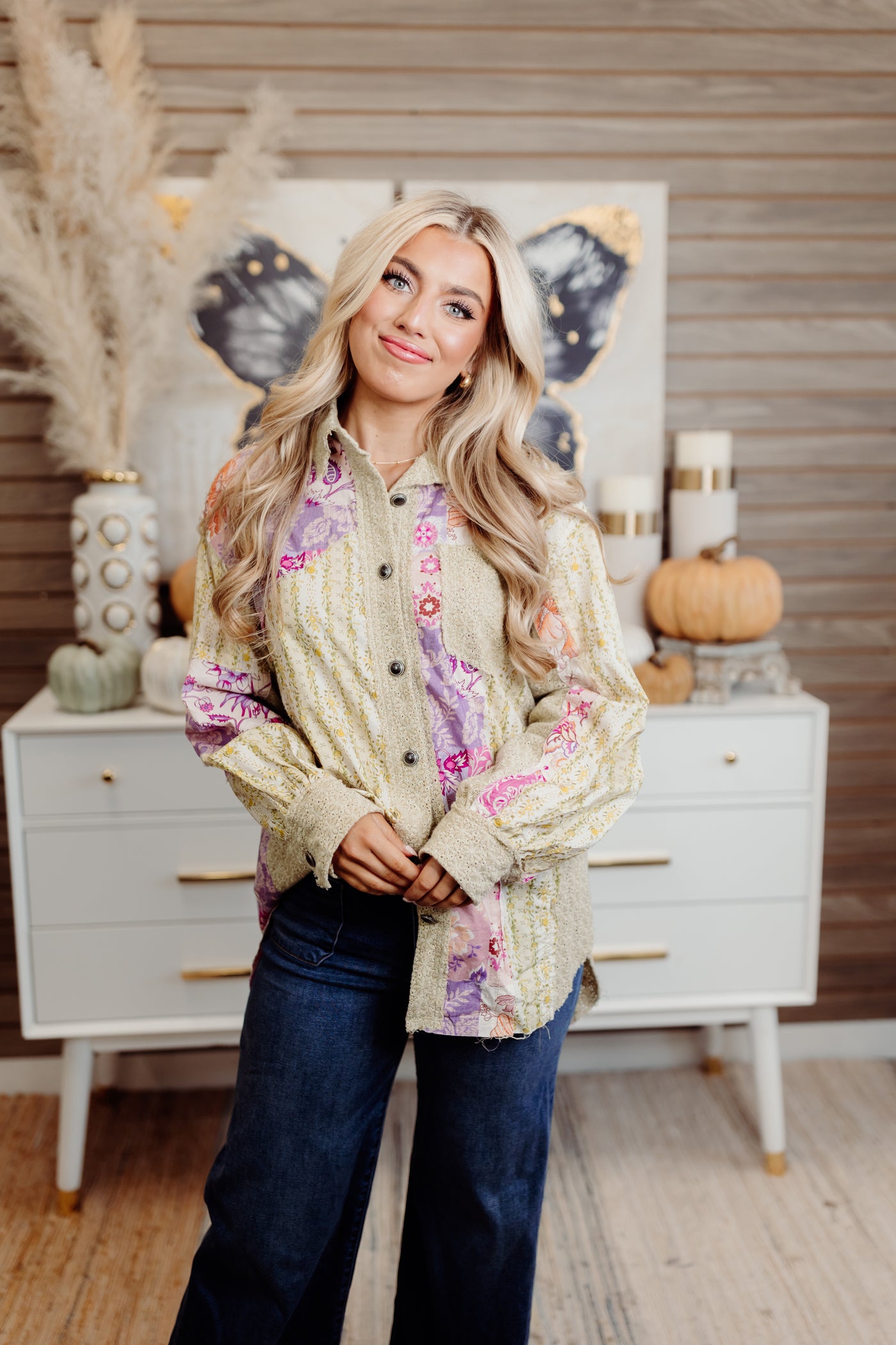 Beige Multi Lace Contrast Floral Button Down Shirt