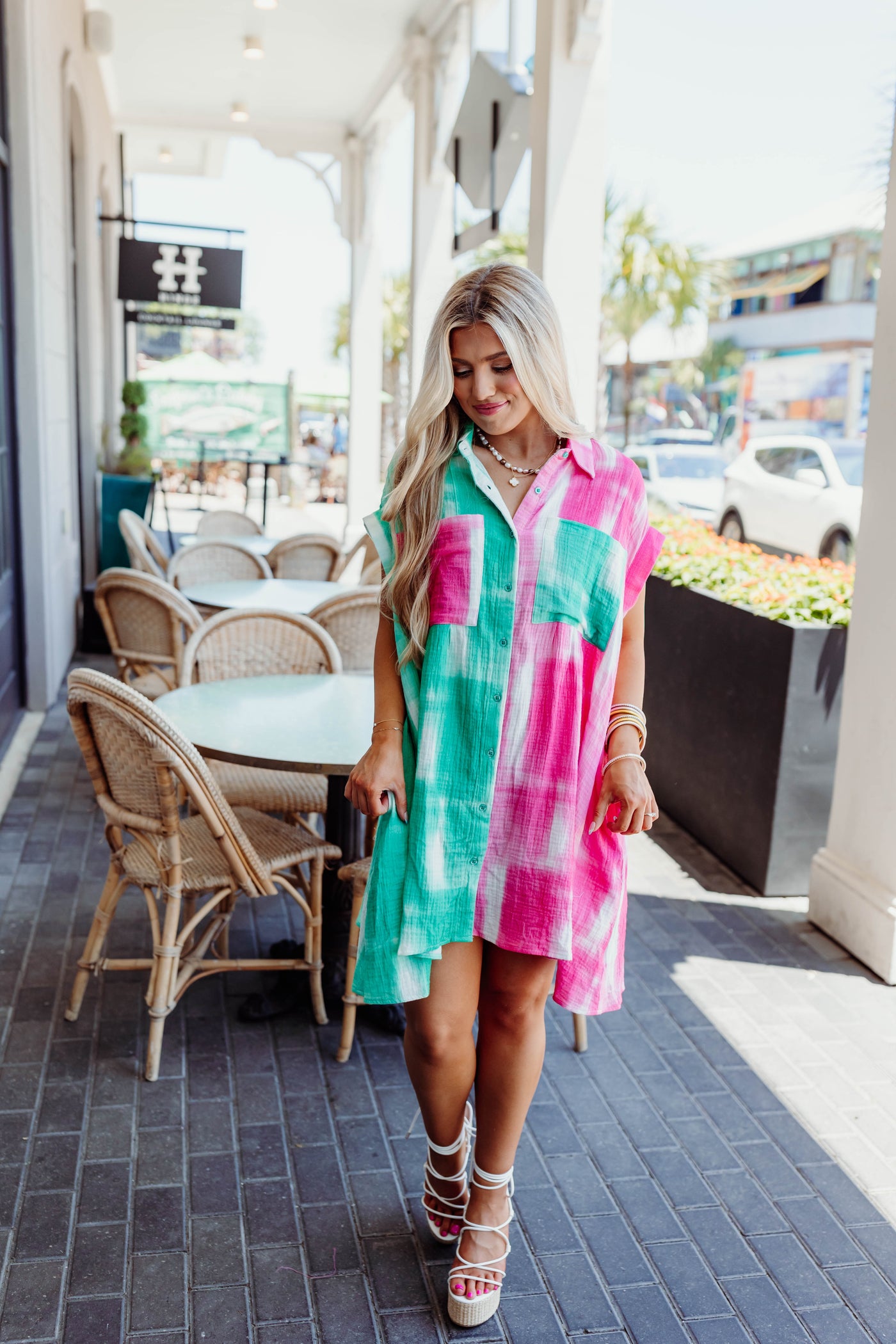 Pink/Teal Multi Button Down Dress