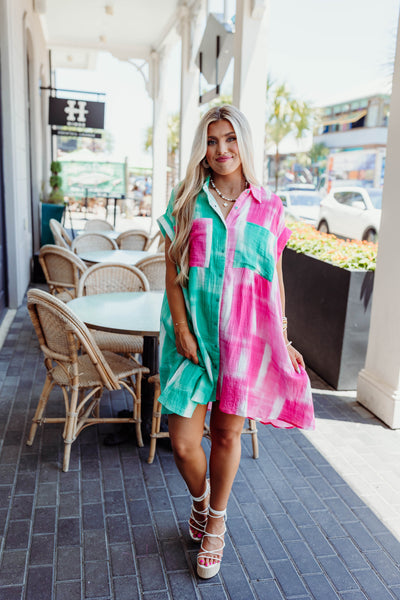 Pink/Teal Multi Button Down Dress