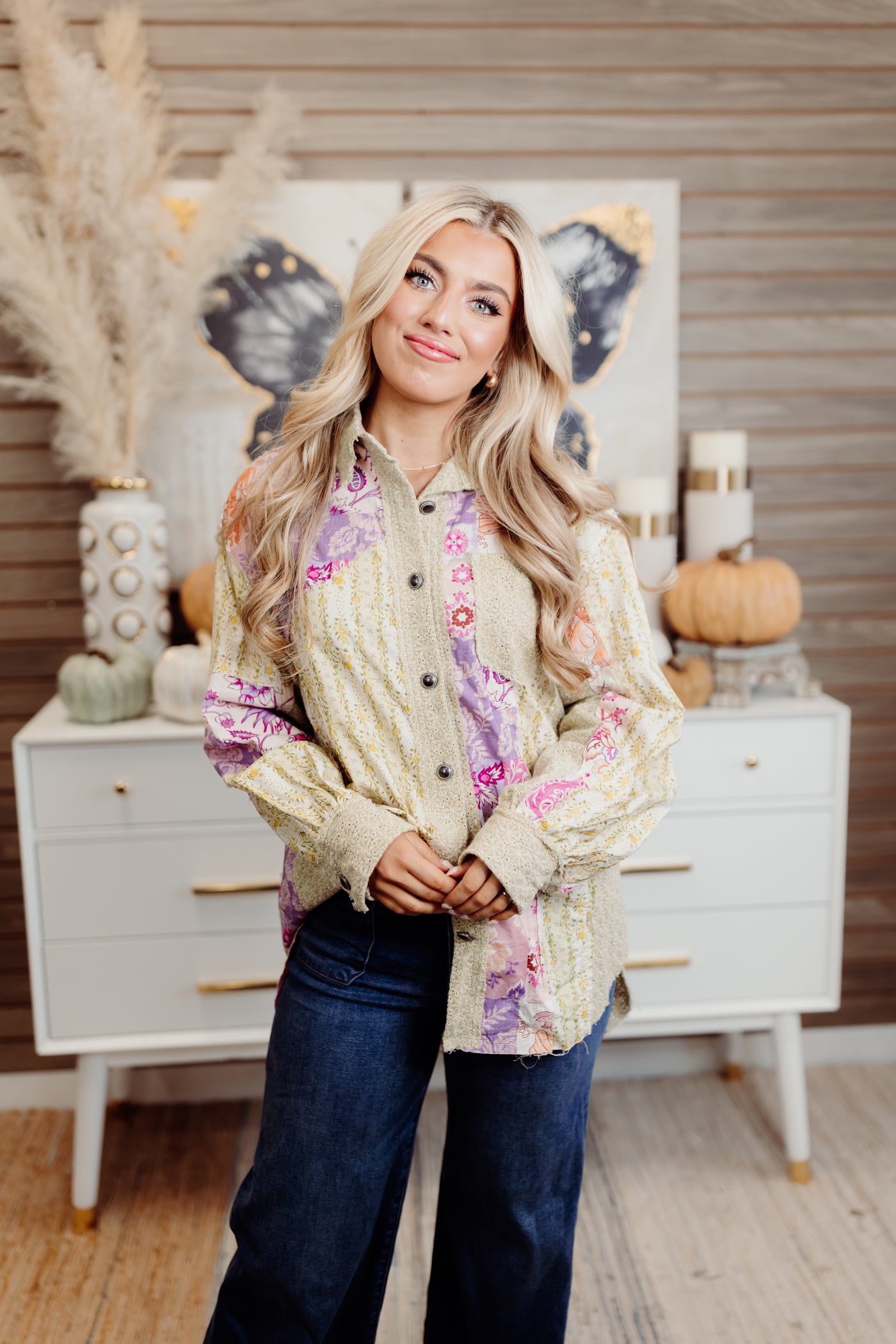 Beige Multi Lace Contrast Floral Button Down Shirt