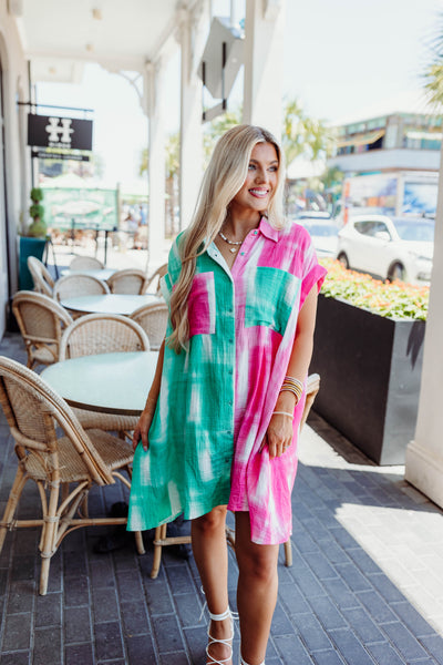 Pink/Teal Multi Button Down Dress