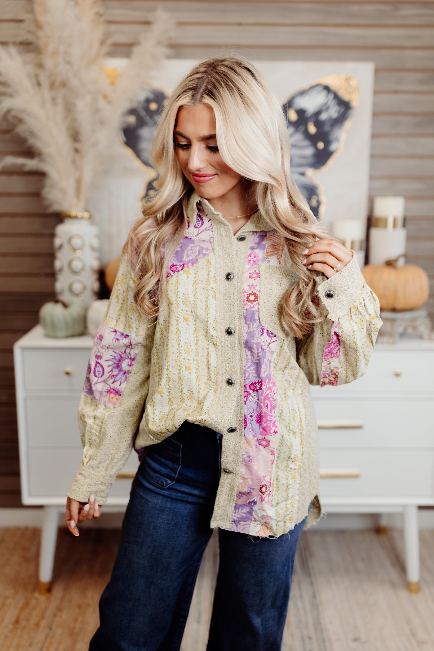 Beige Multi Lace Contrast Floral Button Down Shirt