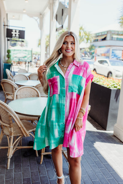 Pink/Teal Multi Button Down Dress