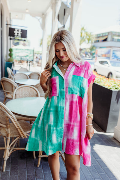 Pink/Teal Multi Button Down Dress